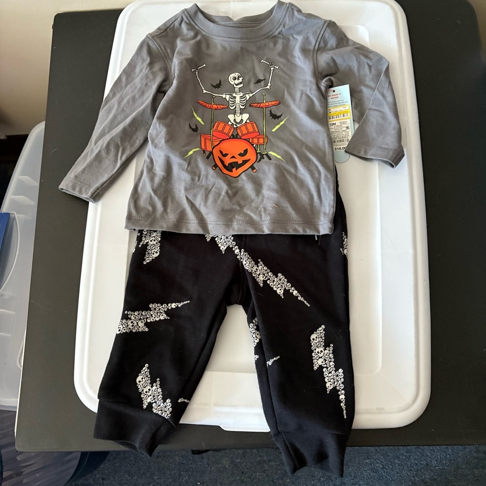 Gray Skeleton Drum Set Shirt and Black Lightning Pants Set
